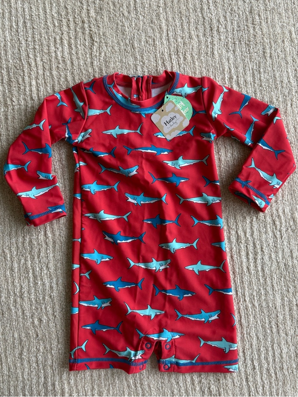 Hatley Red Shark-Print Long-Sleeve Kids Swim suite. UPF 50.